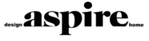 white logo with the word "aspire" in the middle and the words "design" and "home" on each side of the word. All words are in black.